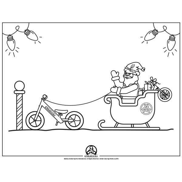 Coloring sheet showing Sana Claus in a sleigh pulled by a Strider bike